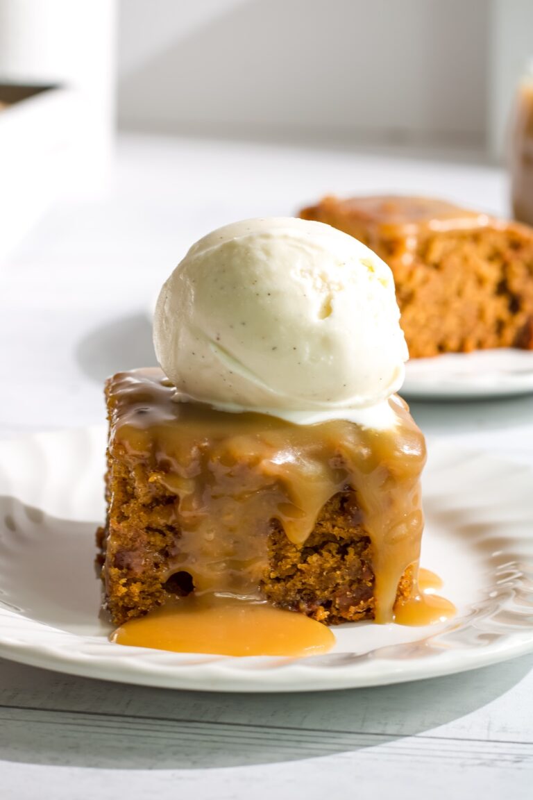 The Best Ever Sticky Toffee Pudding(eggless) on a plate