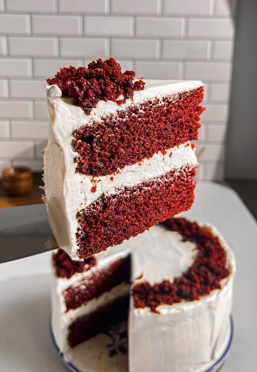 Close-up of soft eggless red velvet cake crumb texture