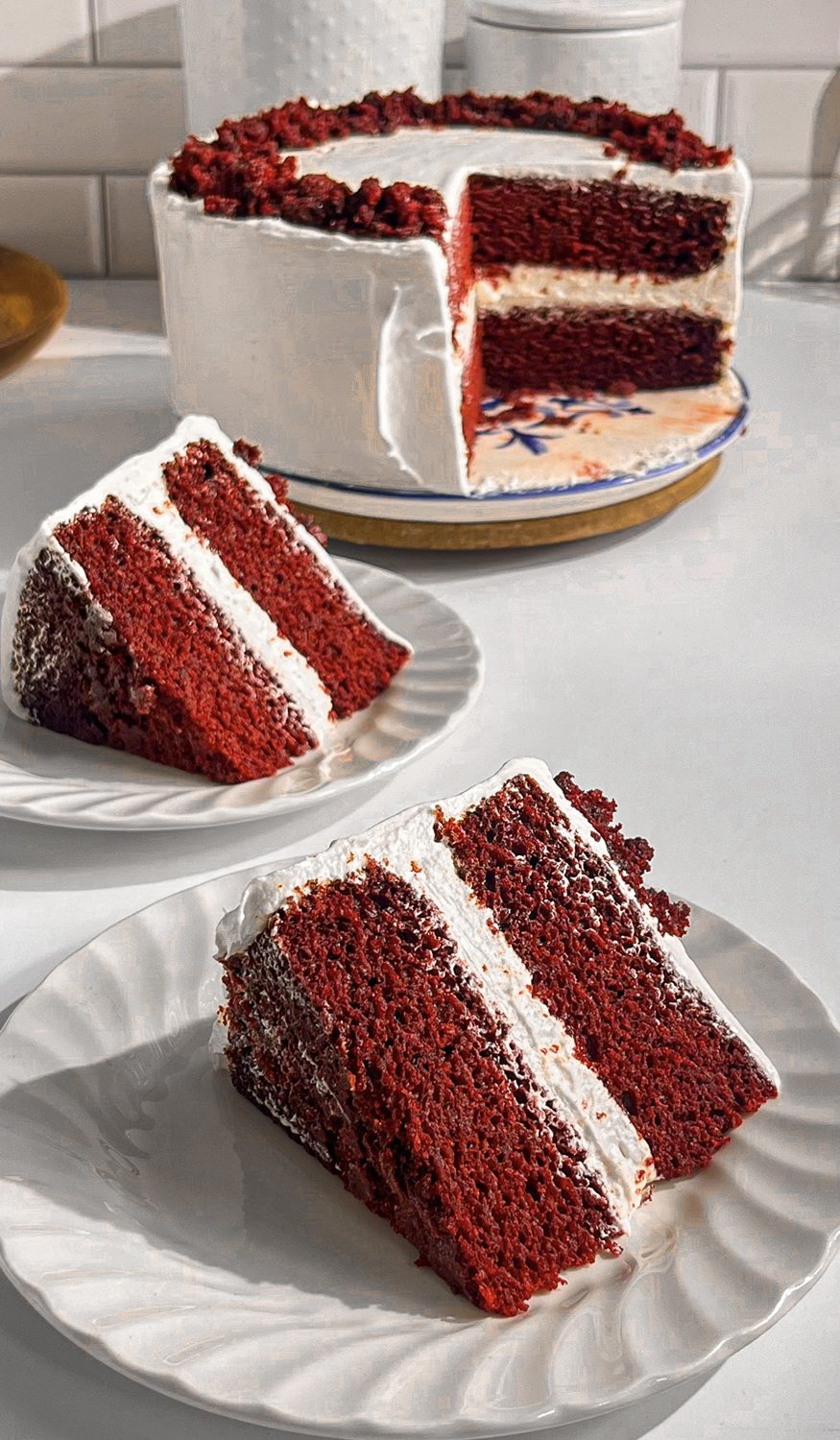 Homemade red velvet cake without eggs with creamy frosting layers