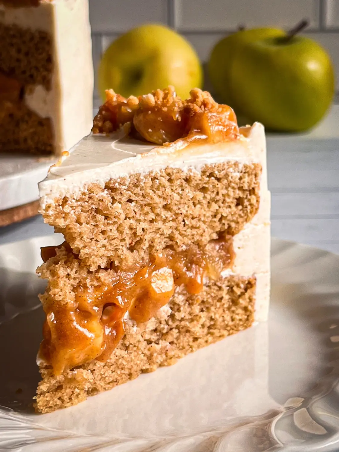 Eggless apple pie cake with cinnamon buttercream and crumble topping