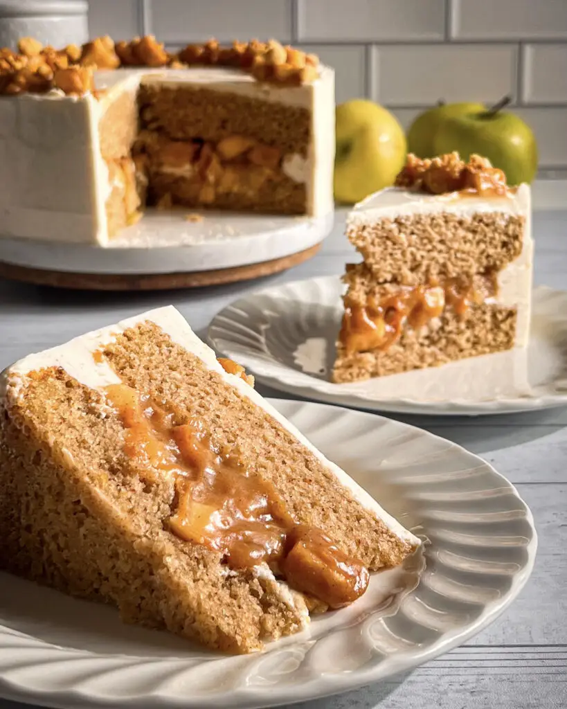 Slice of eggless apple pie cake with apple filling