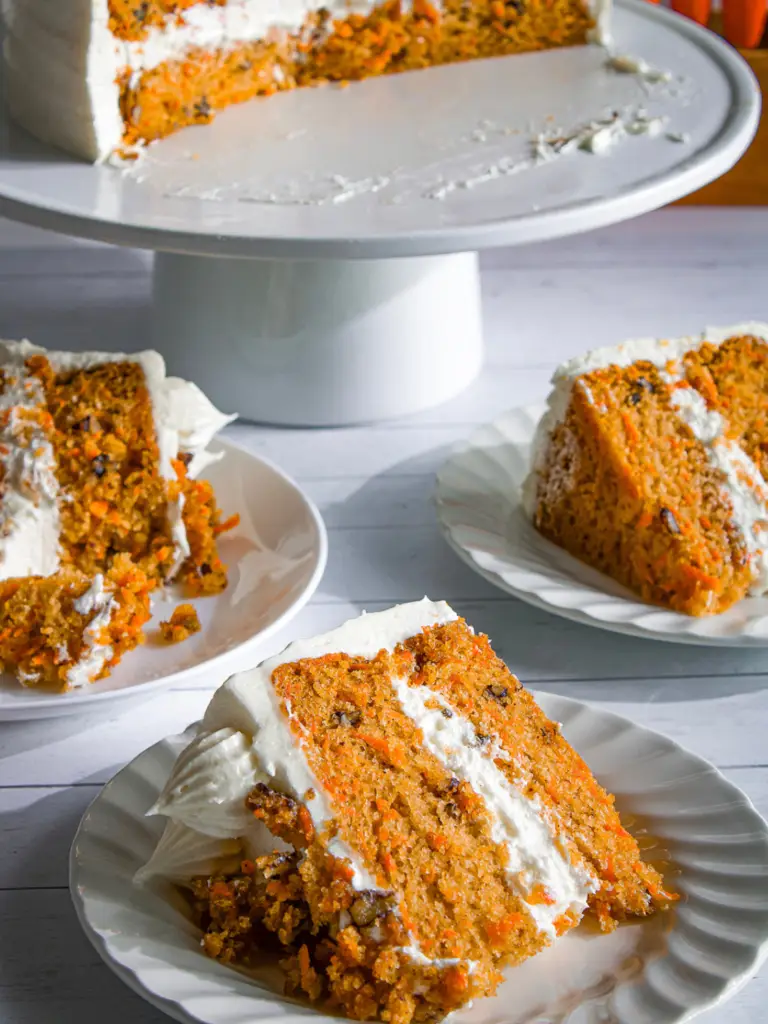 Eggless Carrot Cake with cream cheese frosting and can be made vegan dairy-free.