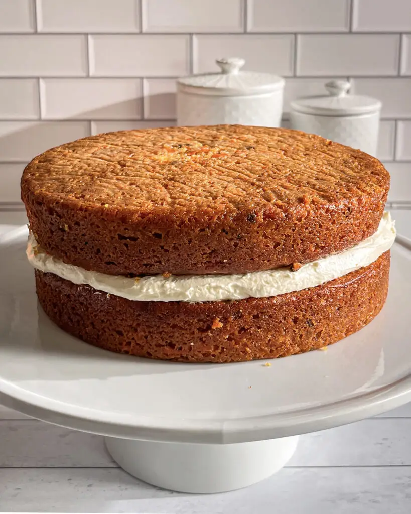 Eggless Carrot Cake with cream cheese frosting and can be made vegan dairy-free.