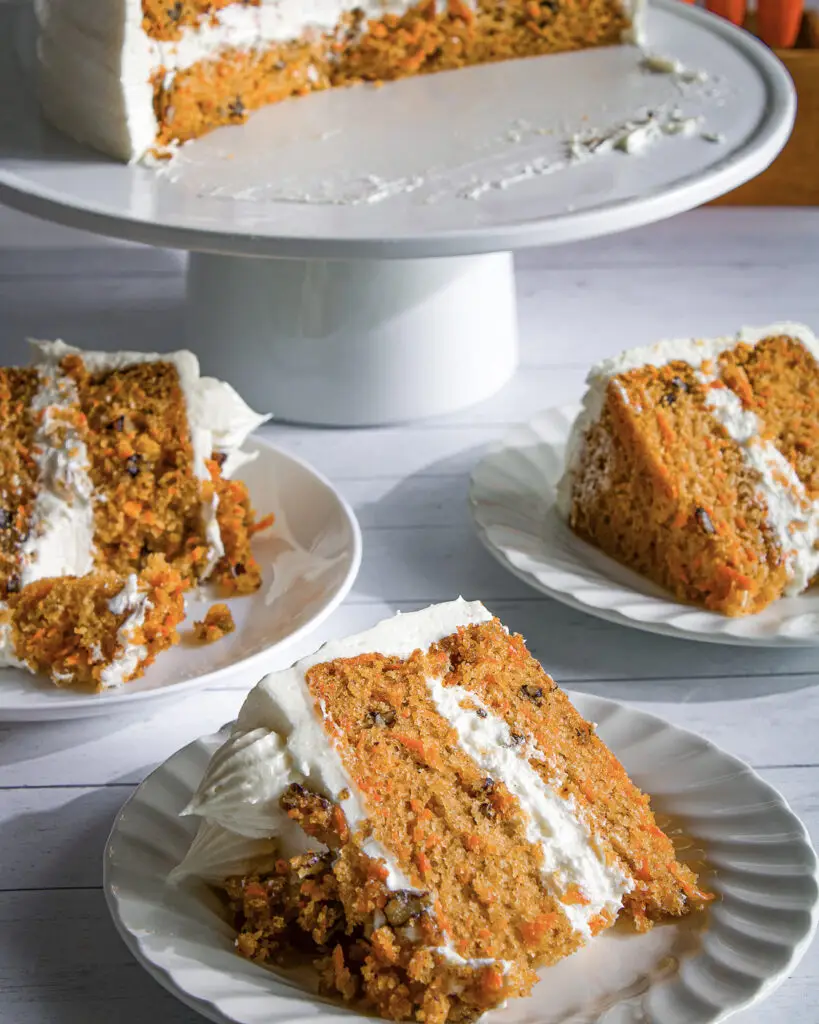 Eggless Carrot Cake with cream cheese frosting and can be made vegan dairy-free.