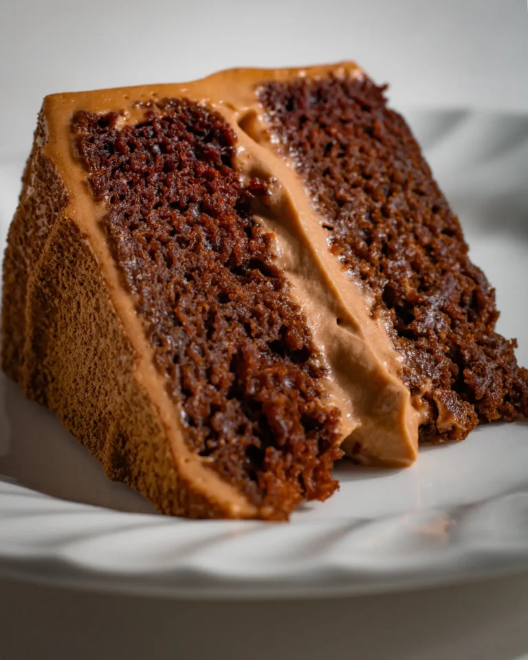 moist Chocolate Cake with Milk Chocolate Ganache on a plate